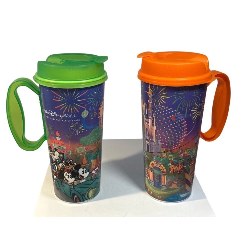 Walt Disney World Travel Mugs Green & Orange Lids Set Of 2 Plastic Cups